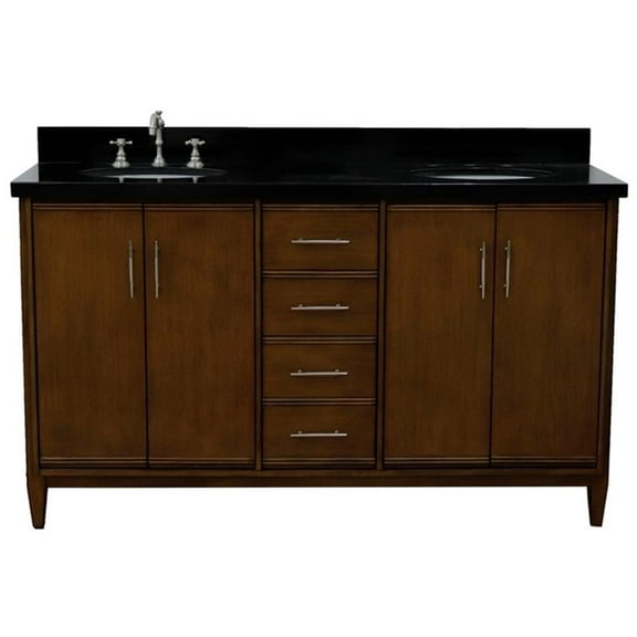 MCM 61" Double Oval Sink Solid Wood Vanity in Walnut/Black Galaxy