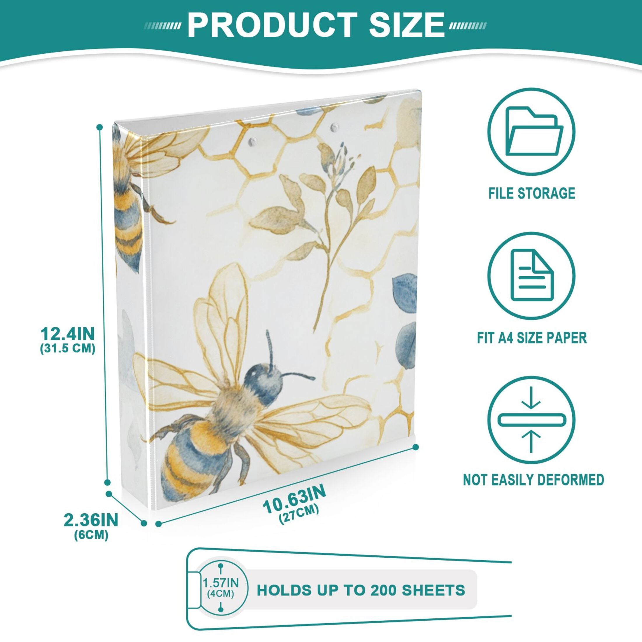 Bees and Flowers 3 Ring Binders 1.5 inch Hardcover File Folders with Interior Pockets A4 Size Organizer for School Office Hospital