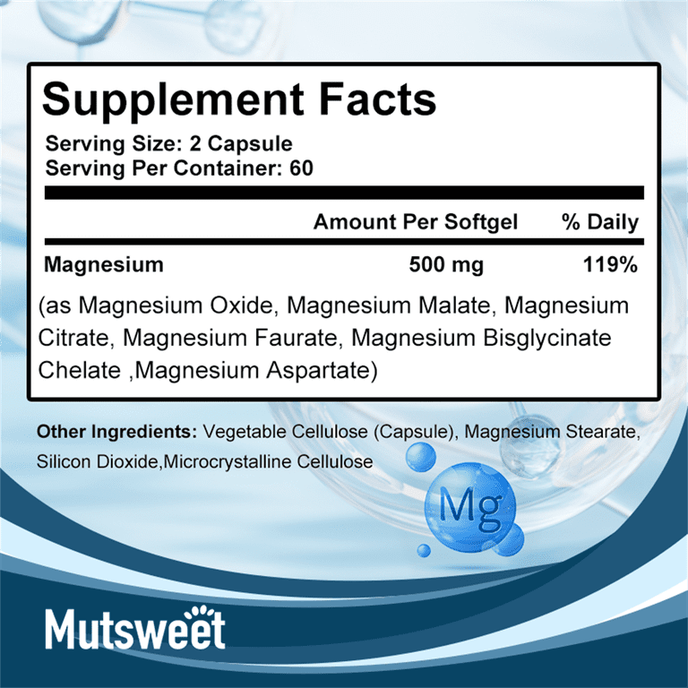 Magnesium Complex 500mg - Magnesium Citrate,Malate,Oxide,Taurate,Aspartate,Bisglycinate Chelate - Bone, Heart, Immune & Energy Support - 120 Capsules