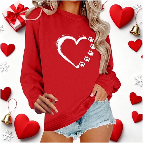 Dolkfu Women's Sweatshirt Valentines Red Cute Love Heart Shirts Crewneck Plus Size Women Clothes L