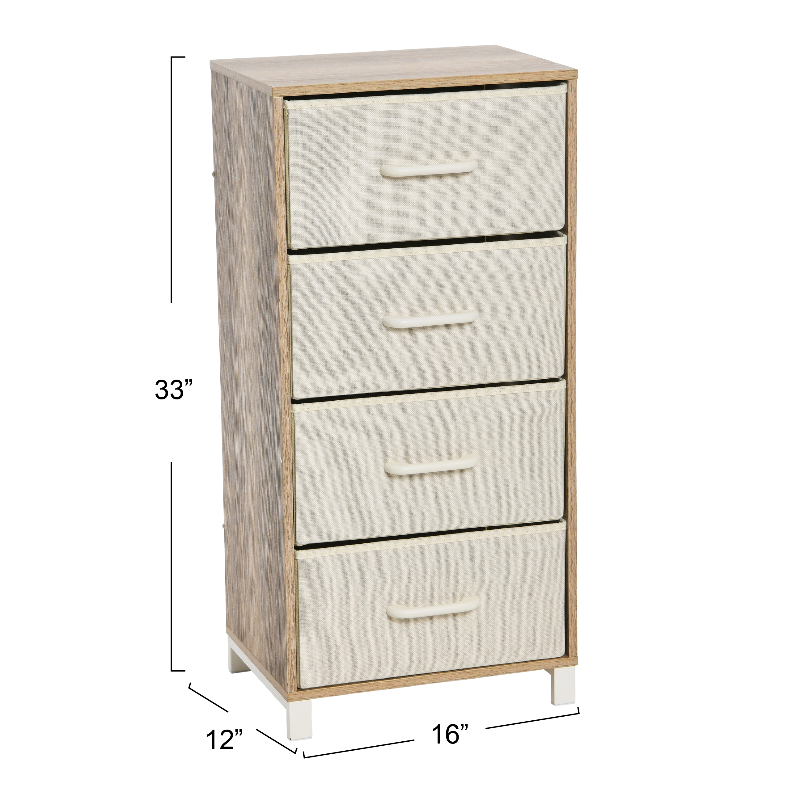 Household Essentials 4 Drawer Dresser, Narrow Storage Chest, Multi-Color Drawers, Wire Backing and Metal Feet, Wood Handles, Coastal Oak Laminate
