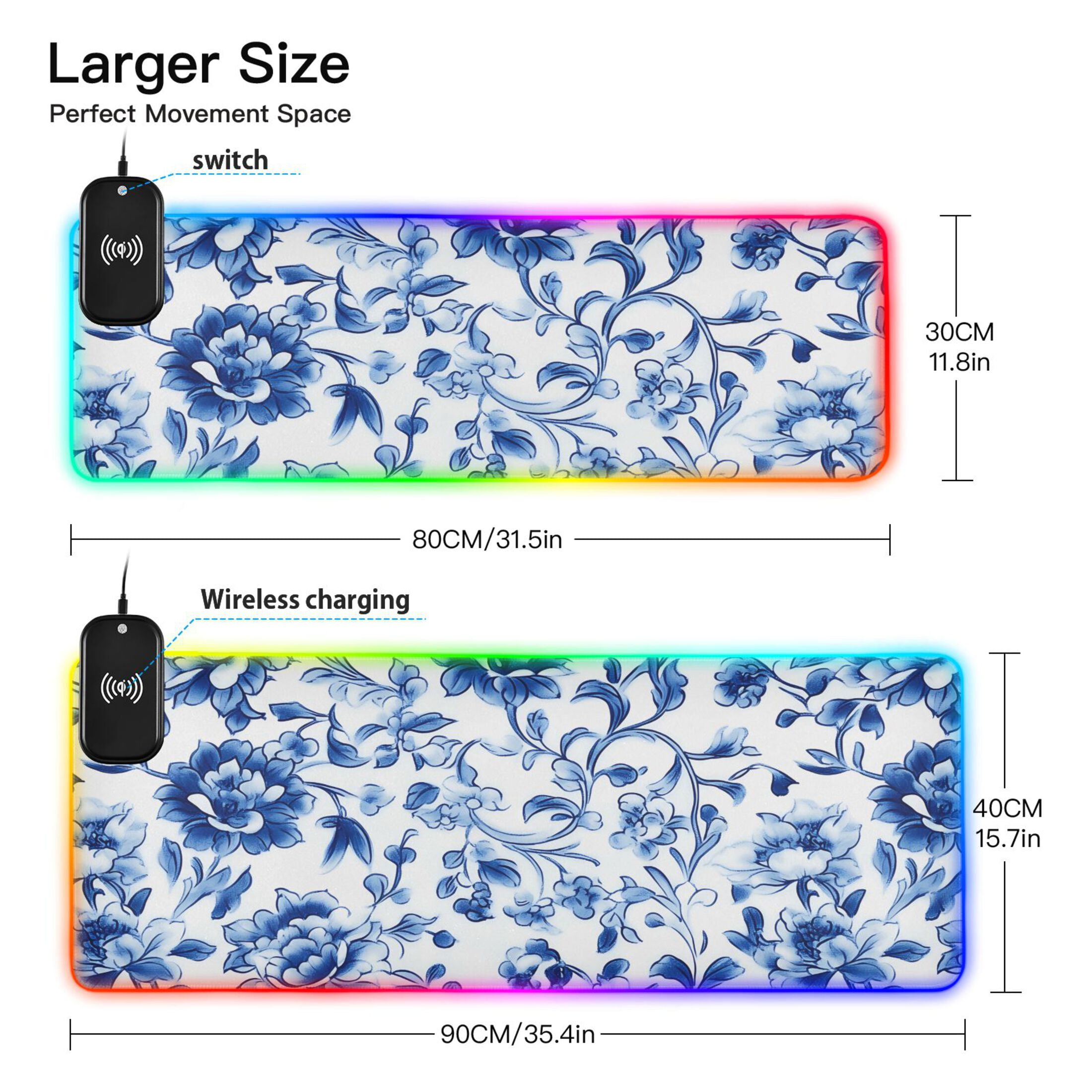 RGB Gaming Mouse Pad 15W Wireless Charging Large Waterproof Desk Mat 13 Light Modes Mousepad 31.5x11.8 Blue and White Porcelain Floral