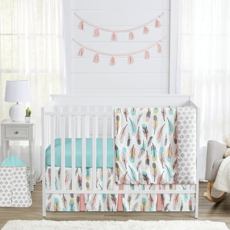 UPC: 0846480051398 | Feather Turquoise and Coral 4 Piece Crib Bedding Collection