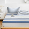 thumbnail image 6 of Full Size Fitted Sheet Set - Navy Blue Striped 3 Piece Bedding Sets 16" Deep Pocket Fitted Sheet with 2 Pillowcases Rustic Blue Stripe Modern Art Beige Brushed Microfiber Hotel Luxury Bed Sheets, 6 of 9