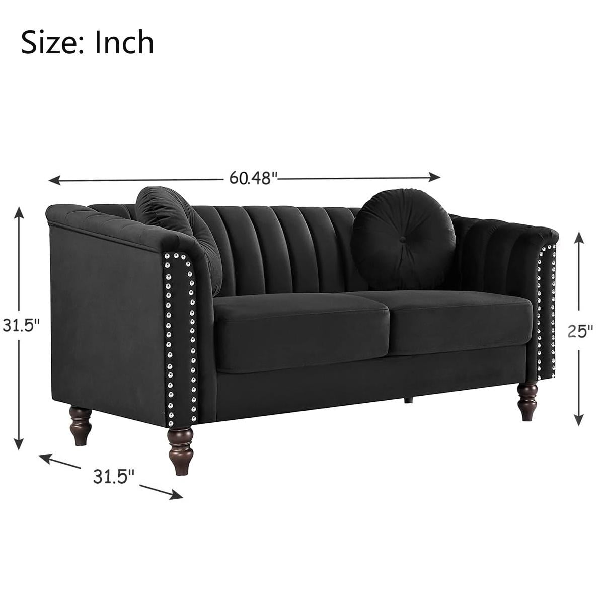 Gewnee Velvet Loveseat Sofa with Pillows and Nailhead Trim Armrest for Living Room,Black