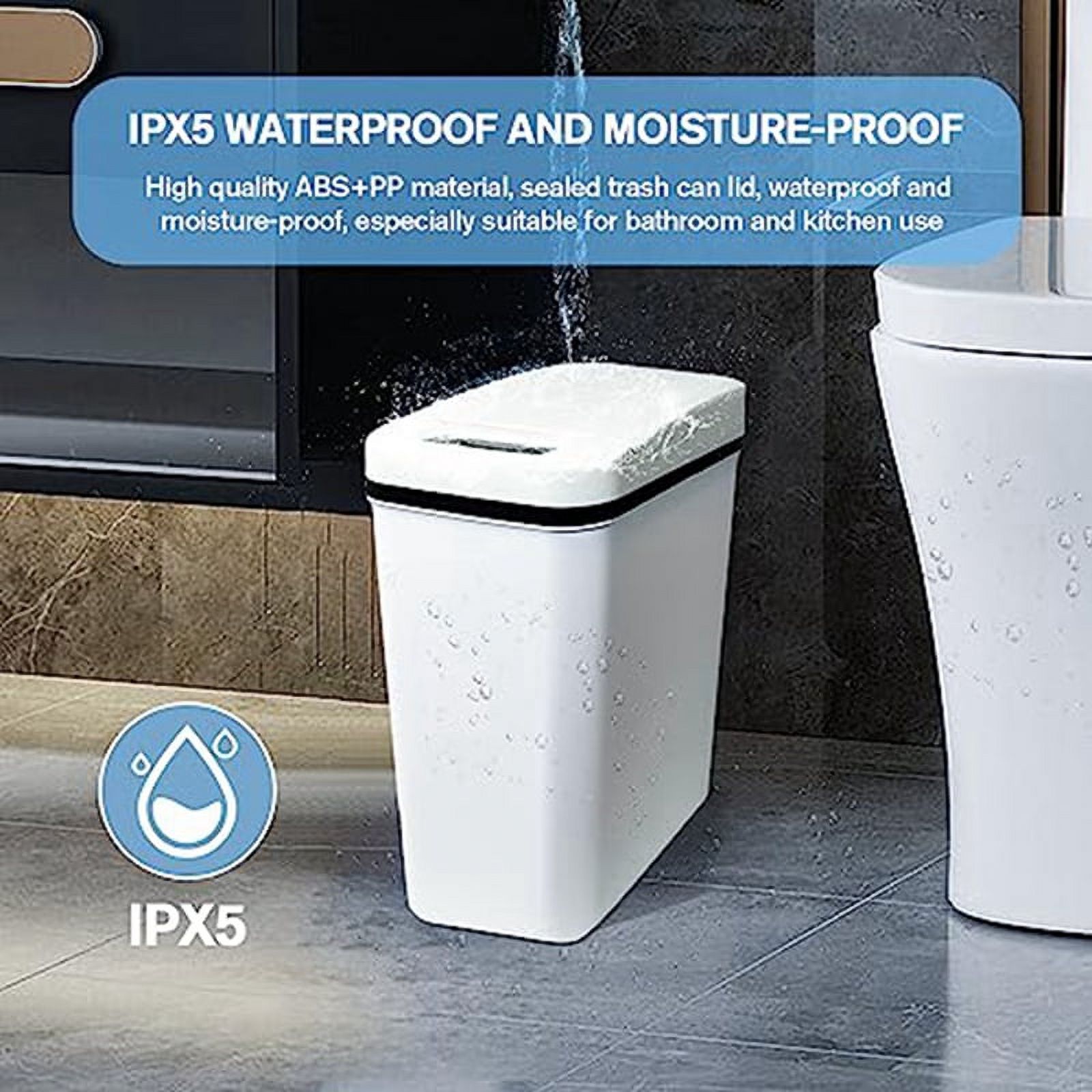 Automatic Touchless Bathroom Trash Can with Lid White Slim Narrow Plastic Smart Motion Sensor Covered Garbage Can