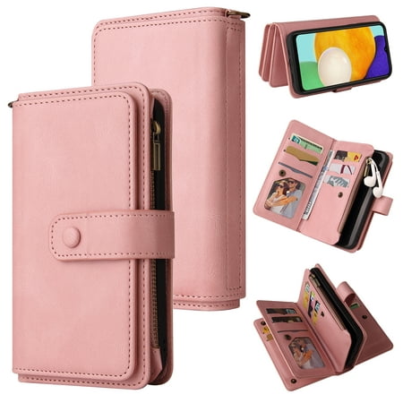 Wallet Case for Motorola Moto G60, Magnetic Zipper Pouch Premium PU Leather with Kickstand Wallet Flip Shockproof Phone Case Wrist Strap Card Slots Holder Pocket Moto G60, Pink