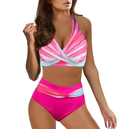 Aayomet Bikini Sets for Women Swim Top with Built in Bra Two Piece Swimsuit Sexy Push Up Bikini Vintage Beach Hawaii Swimwear (Hot Pink  XXL)