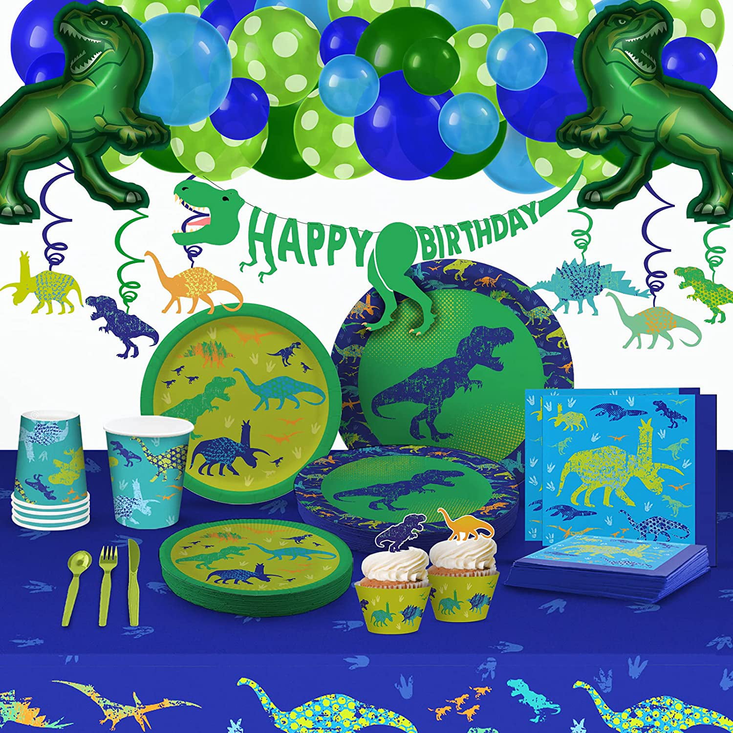 Dinosaur Party Supplies for Boys Kids Dino Themed Birthday Decorations Set Includes Plates Cups Napkins Straws Utensils Table Cover Banner & Balloons 142 PCS Serves 12 Guests 
