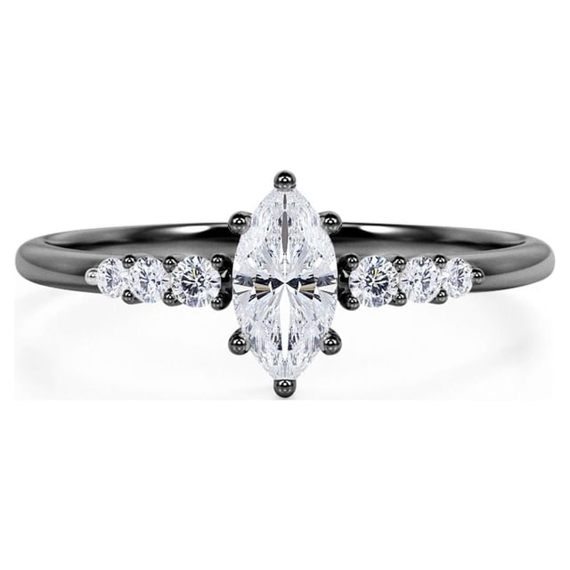 JeenMata Anillo de Compromiso Elegante de Talla Marquesa en Oro Negro de 18 K sobre Plata