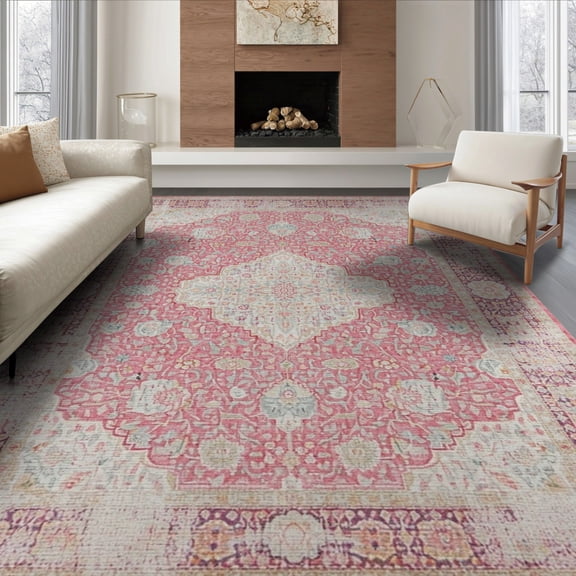 ODIKA 6'x9' Washable Area Rug Mauve Ornamental Vintage Damask Traditional Scroll Border Dusty for Queen Size Bedroom, Under Bed, Master Suite, Easy Care, Non-Shedding