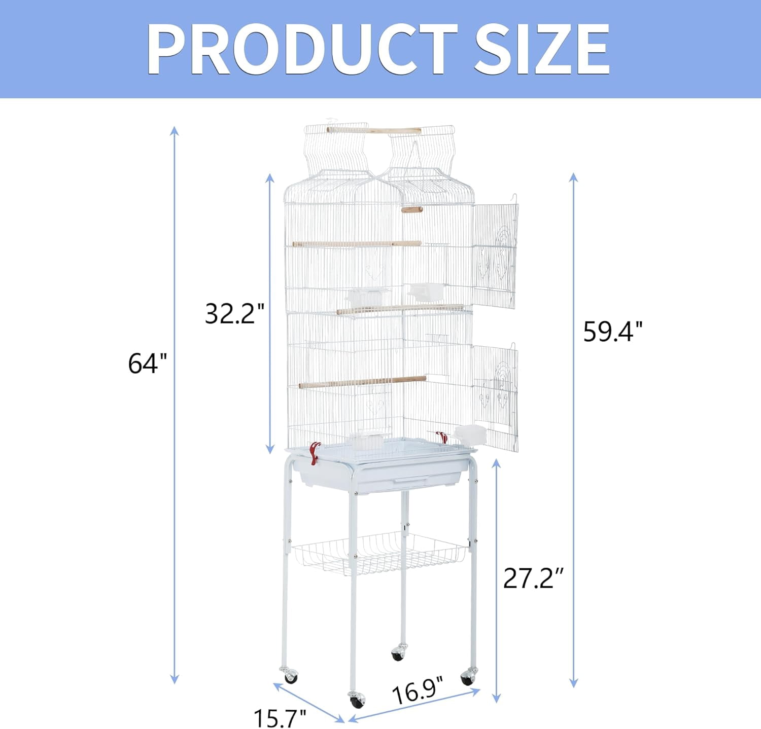 CL.HPAHKL Large Bird Cage, 64 inch Parakeet Cage with Open Play Top & Rolling Stand, Wrought Iron Birdcage for Parrot Cockatiel Cockatoo Lovebird, White