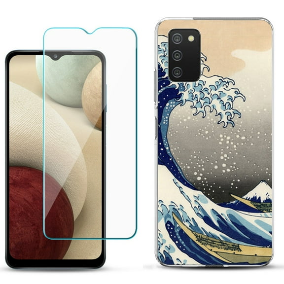 Slim-Fit TPU Phone Case Compatible with Samsung Galaxy A02s, with Tempered Glass Screen Protector, by OneToughShield ® - Great Wave