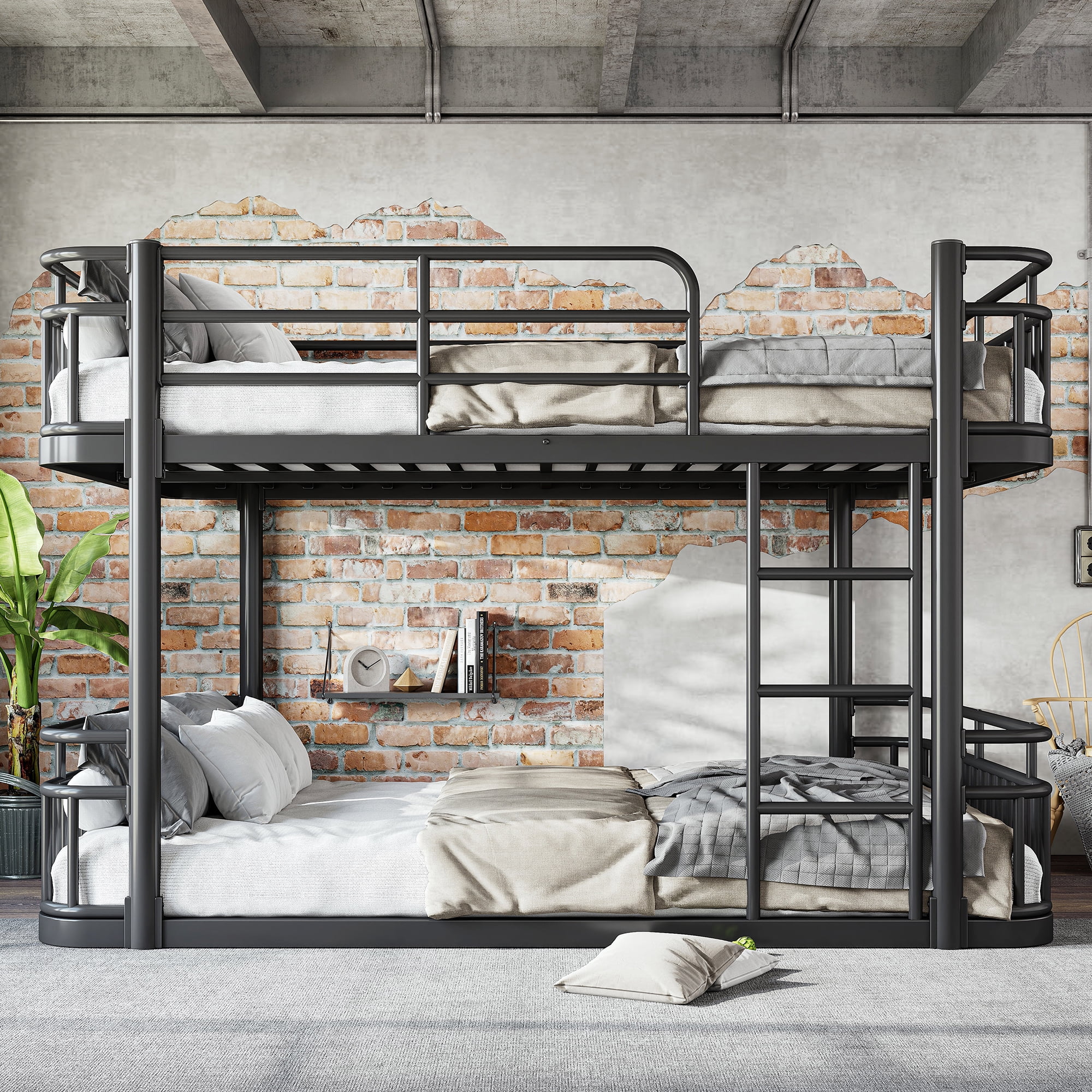 Leumius Queen over Queen Bunk Bed Frame with Ladders & Guardrails, Upgraded Round-Pipe Metal Frame, Stylish & Versatile for Any Room,Black