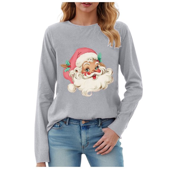 larppty Christmas Shirt for Women Novelty Pink Santa Xmas Graphic Long Sleeve Holiday Pullover Tops (Light Gray, XL)