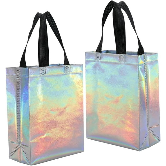 12Pcs 10 x 7.8 x 4 inch Iridescent Small Gift Bags Bulk Non-woven Tote Bag with Handles Sturdy Bases Waterproof Reusable Party Gift Wrap for Birthday Weddings Party Holiday Shopping Present