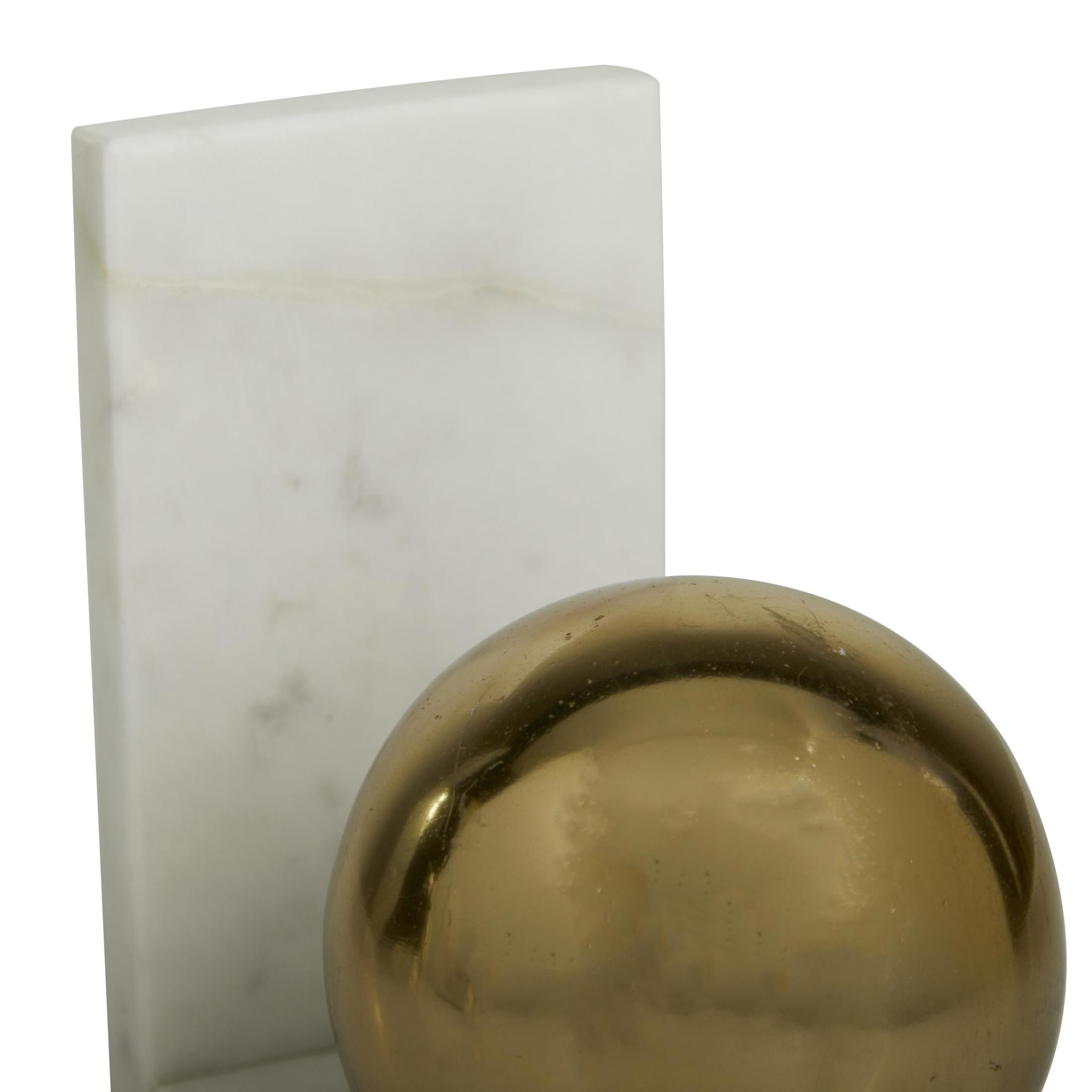 Cosmoliving by Cosmopolitan Marble Modern Decorative Bookends with Metallic Gold Balls 7"W x 6"H, Gold Finish with White Marble Stands