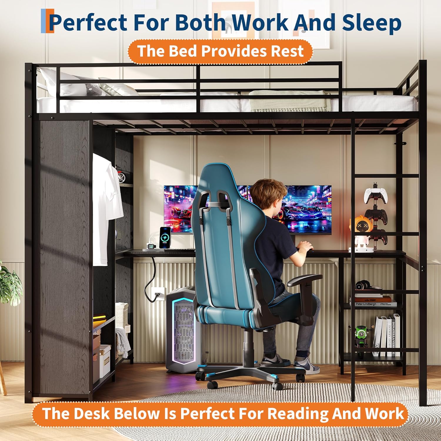Rugerasy Queen Size Metal Loft Bed with Desk and Storage Shelves,Heavy Duty Bedframe with Wardrobe,Hanging Rod,Guardrail and Ladder,Black