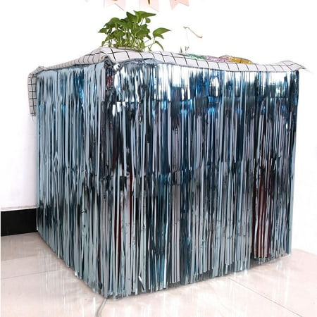 

Taehoxa Table Skirt Foil Fringe Curtains Blue Gold Pink Glossy Metallic Tinsel For Party Birthday Gatherings Holiday Wedding Decorations