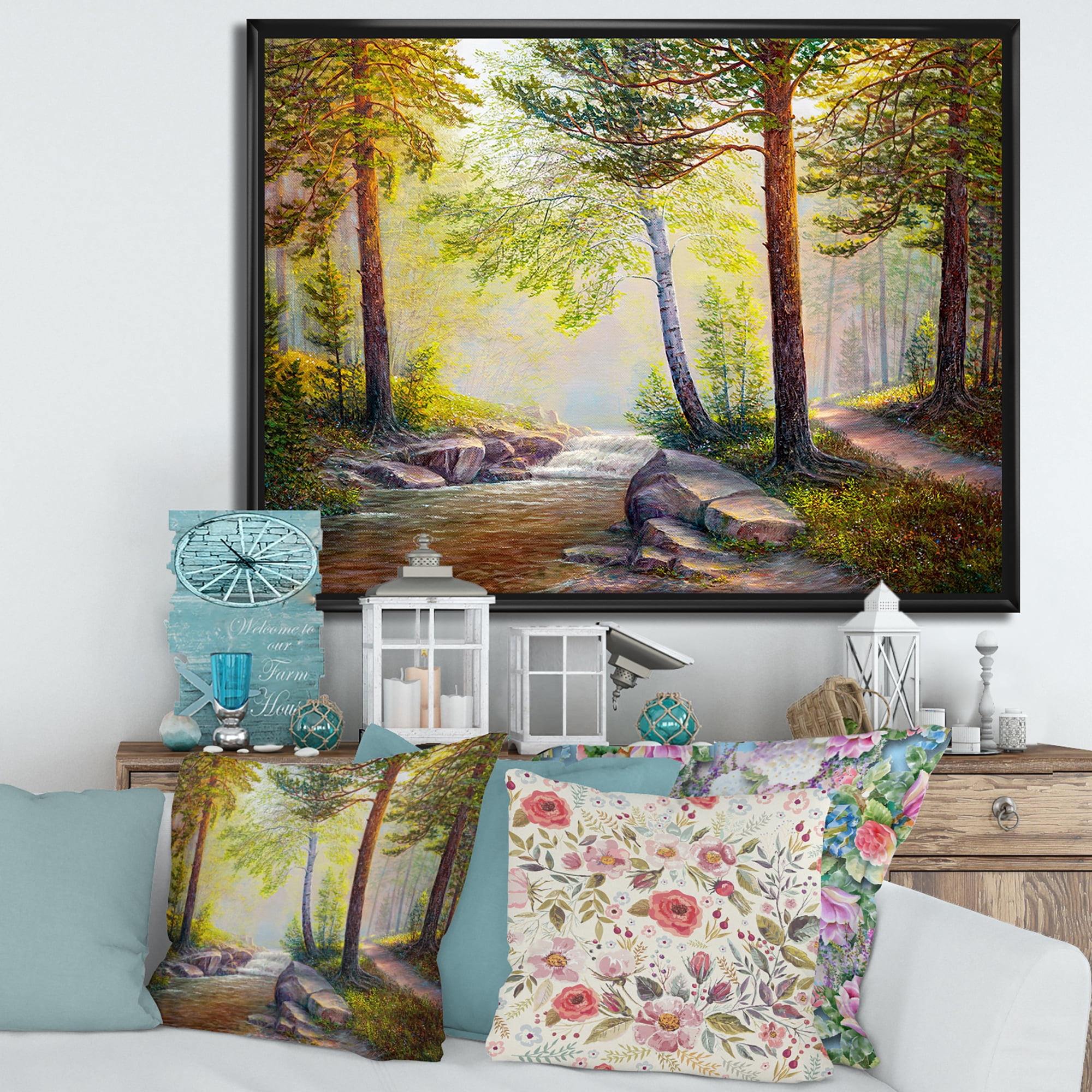 Designart 'Afternoon Light Through The Forest Trees' Traditional Framed Canvas Wall Art Print