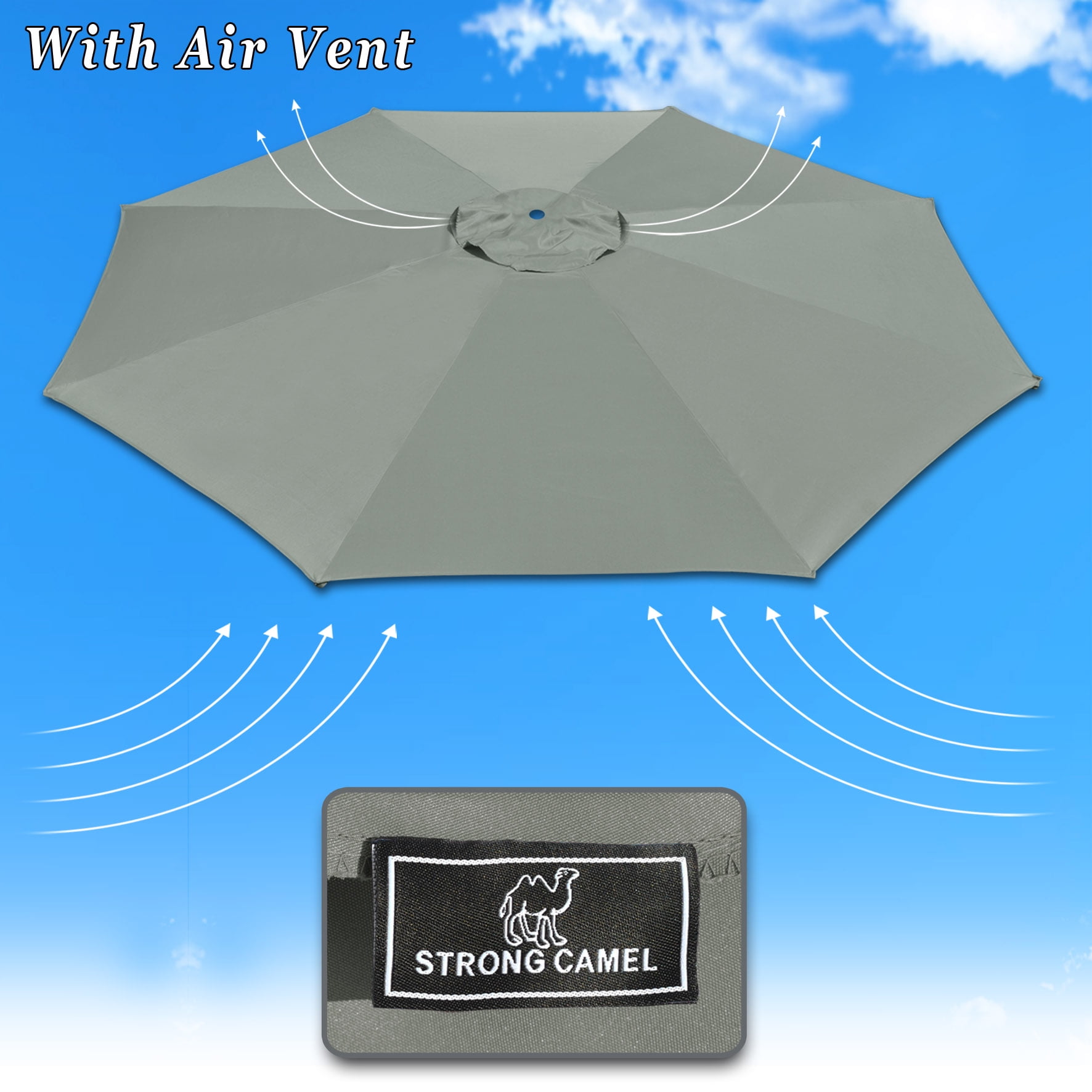 Sunny 10' Umbrella Canopy Top Cover Patio Replacement Top Cover 8 Ribs Outdoor Sunshade (Grey)