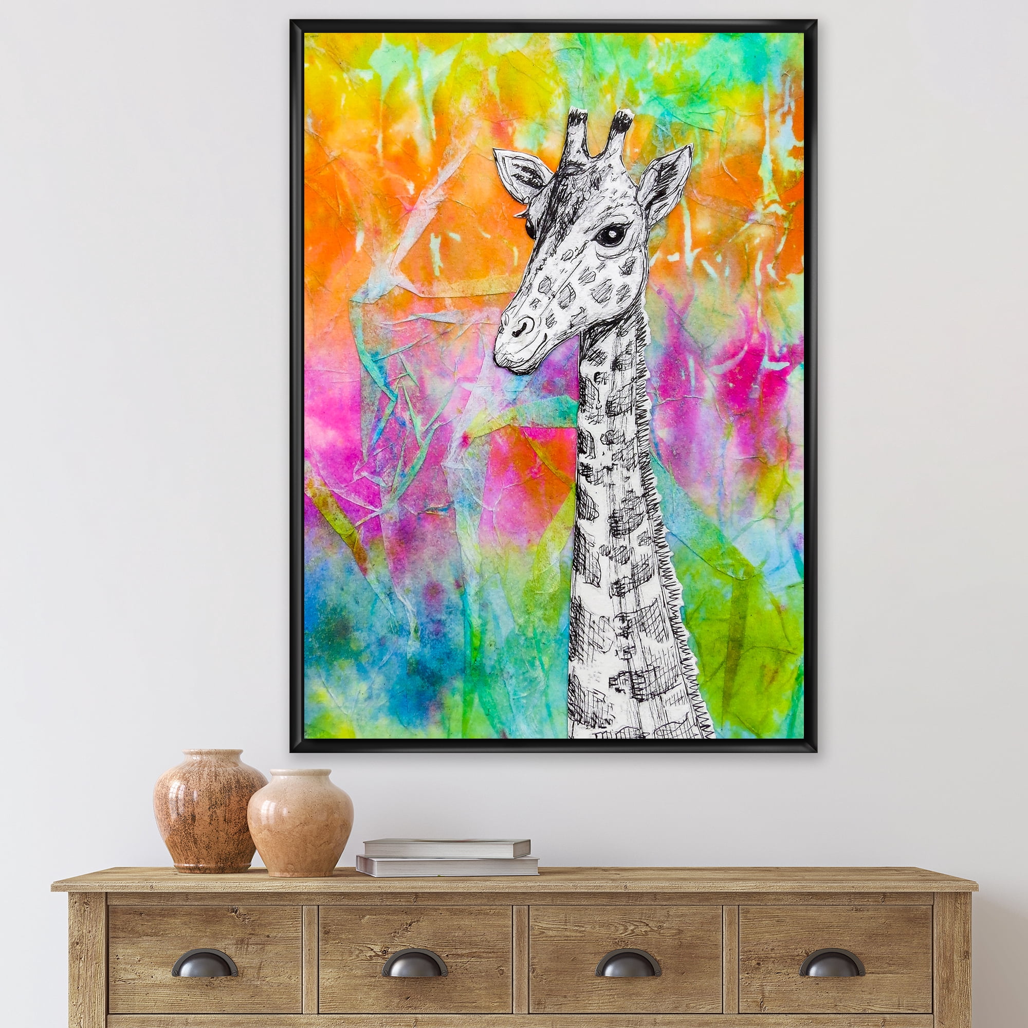 Monochrome Giraffe Drawing On Bright Rainbow 12 in x 20 in Framed Painting Canvas Art Print, by Designart