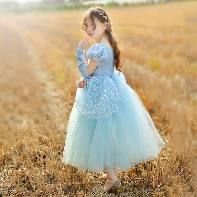 Little Girls Deluxe Cinderella Costume Puff Sleeve Layered Hallowen Party  Gown Children Fancy Birthday Princess Dress Up Clothes
