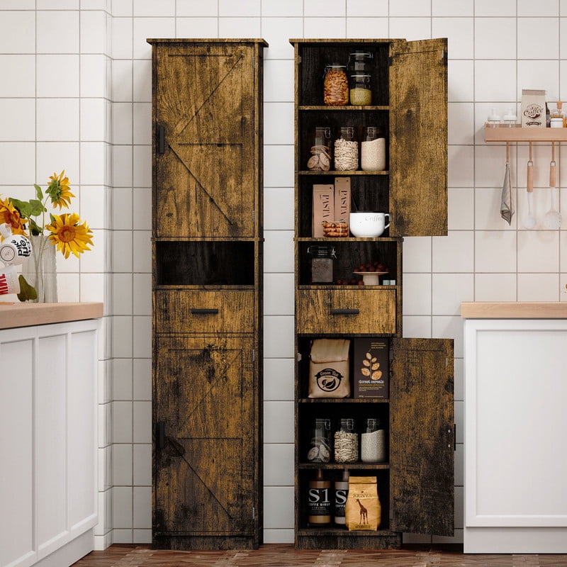 69"H Bathroom Storage Cabinet,Narrow Floor Cabinet with 2 Barn Doors, 1 Drawer & Adjustable Shelves