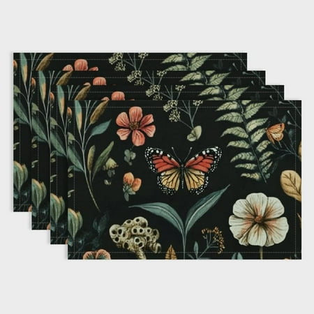 

Pratyus Flowers Leaves Butterfly Linen Cloth Placemats for Table Decoration - Set of 4 Ideal for Parties Christmas Buffets Home Decor 18x12in