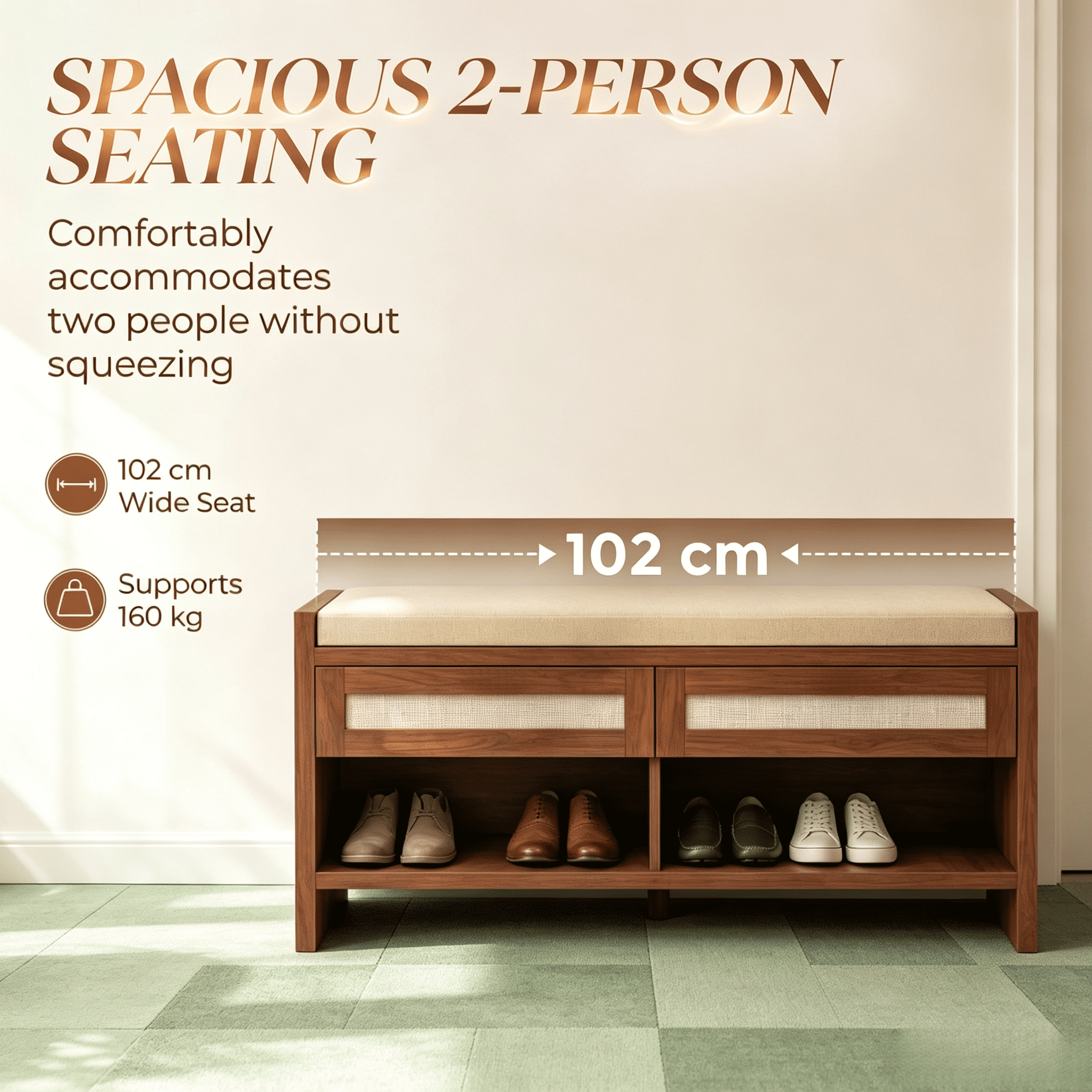 Shoe Bench with Cushioned Seat, 2 Rattan Drawers and Open Storage Shelf