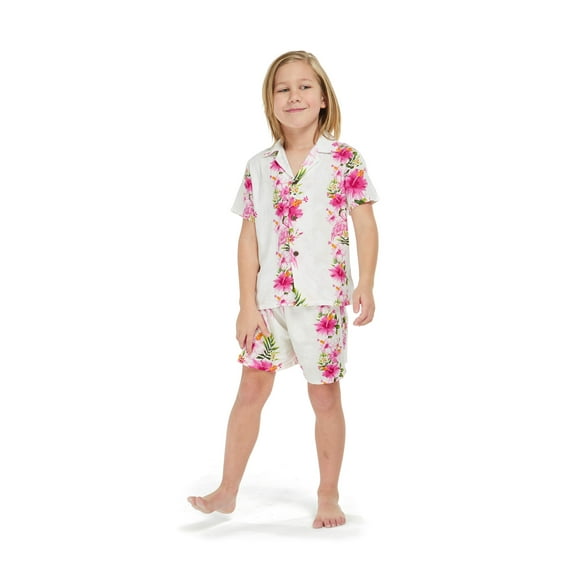 Hawaii Hangover Boy Aloha Luau Shirt Cabana Set in Pink HIbiscus Vine