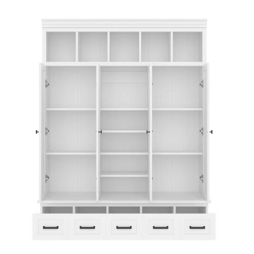 78.7" H Hall Tree with Bench and 5 Storage Cubbies, Modern Entryway Organizer Cabinet with 4 Doors, 5 Drawers, Adjustable Shelves, MDF, Metal Handles, for Hallway, Living Room, White
