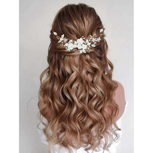 Flower Bride Wedding Hair Vine Pearl Bridal Headpiece Leaf Hair Accessories Hair Piece for Women and (A Silver)