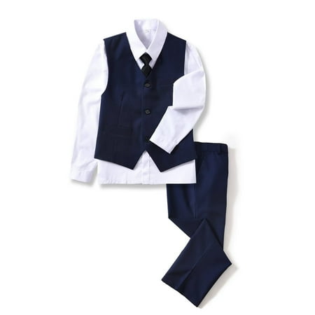 Visaccy 4 Piece Boys Formal Suit Set with Vest Pants Dress Shirt and Tie Navy 4T