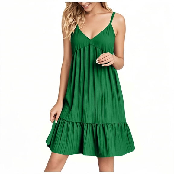 Efsteb Summer Dresses for Women Vacation Sleeveless V Neck Spaghetti Strap Tank Dress Pleated Ruffle Beach Sundresses (Green,S)