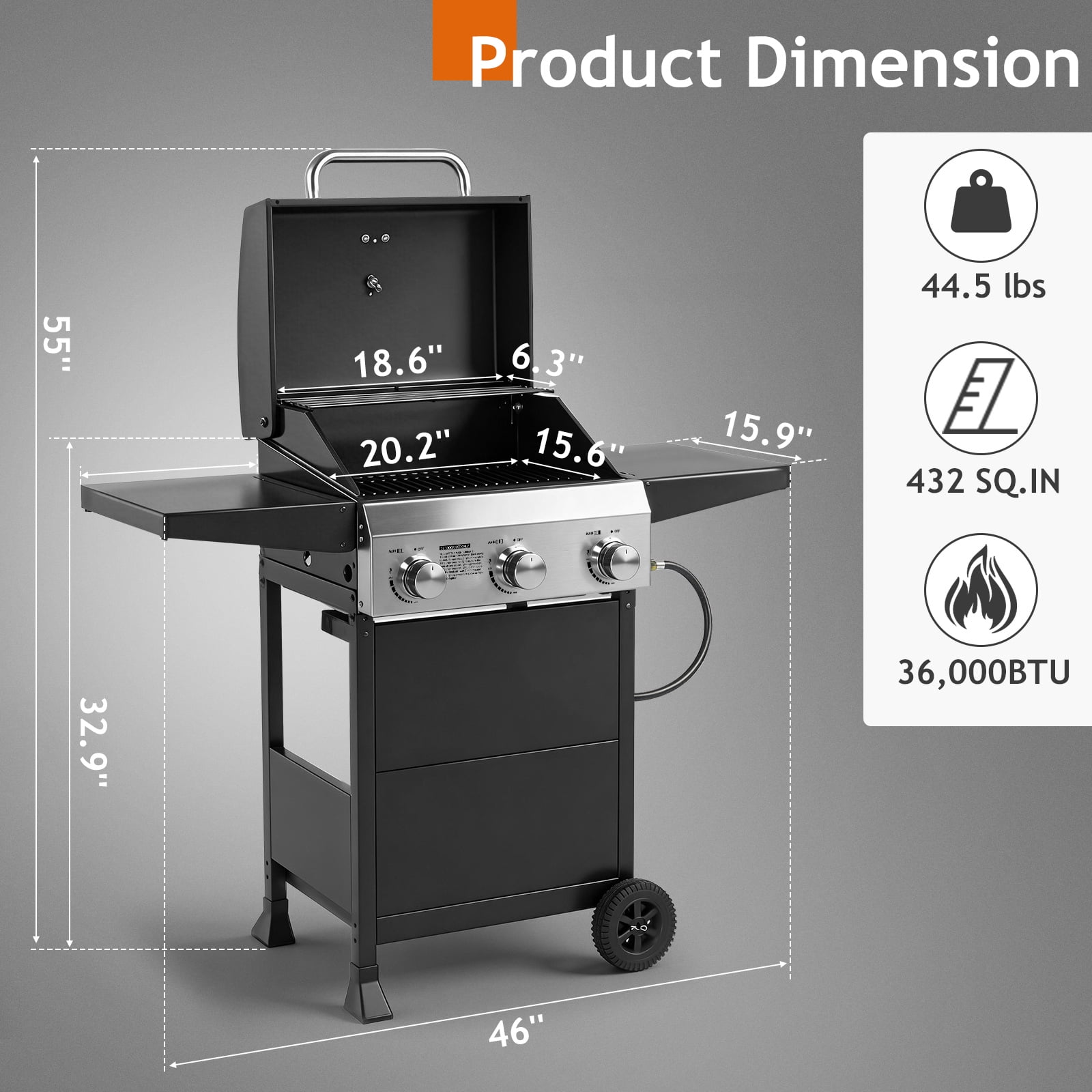 Ktaxon 3 Burner Propane Gas Grill 36,000 BTU with Lid,Ceramic Coated Cast Iron Rack,Side Shelves,Wheels