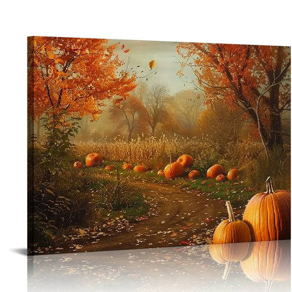 JRXY Fall Pumpkin Wall Art Canvas, Autumn Orange Maple Forest Print, Thanksgiving Maple Leaf Decor for Living Room Bedroom Home Office, Pumpkin Theme Artwork Gift 20x16in