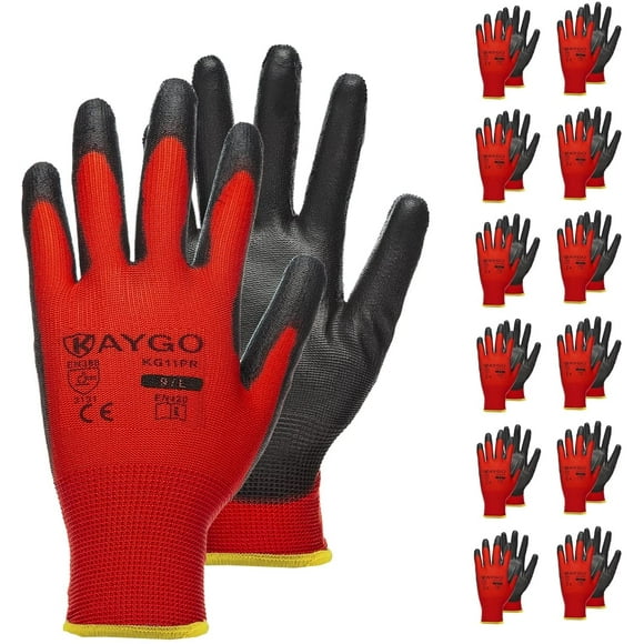 Safety Work Gloves PU Coated-12 Pairs,AmPm KG11PB, Seamless Knit Glove with Polyurethane Coated Smooth Grip on Palm & Fingers, for Men and Women, Ideal for General Duty Work (L, Black)