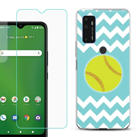 Slim-Fit Gel TPU Phone Case for Cricket Dream 5G, with Tempered Glass Screen Protector, by OneToughShield ® - Chevron/Softball