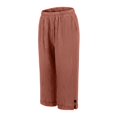 thumbnail image 2 of Women's Solid Color Cotton Linen Capri Pants, Elastic High Waist Wide Leg Rolled Hem Capris for Women, Loose Summer Casual Capri Pants with Side and Back Pockets Brown S, 2 of 5