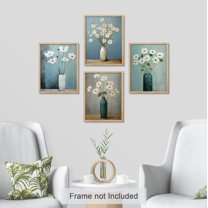 PixonSign Adhesive Wall Art Vintage Daisy Floral Illustrations Posters, Set of 4 Rustic Country Style White Flowers in Vases Fine Art Nature Wilderness Canvas Prints for Home Decor - 11"x14"