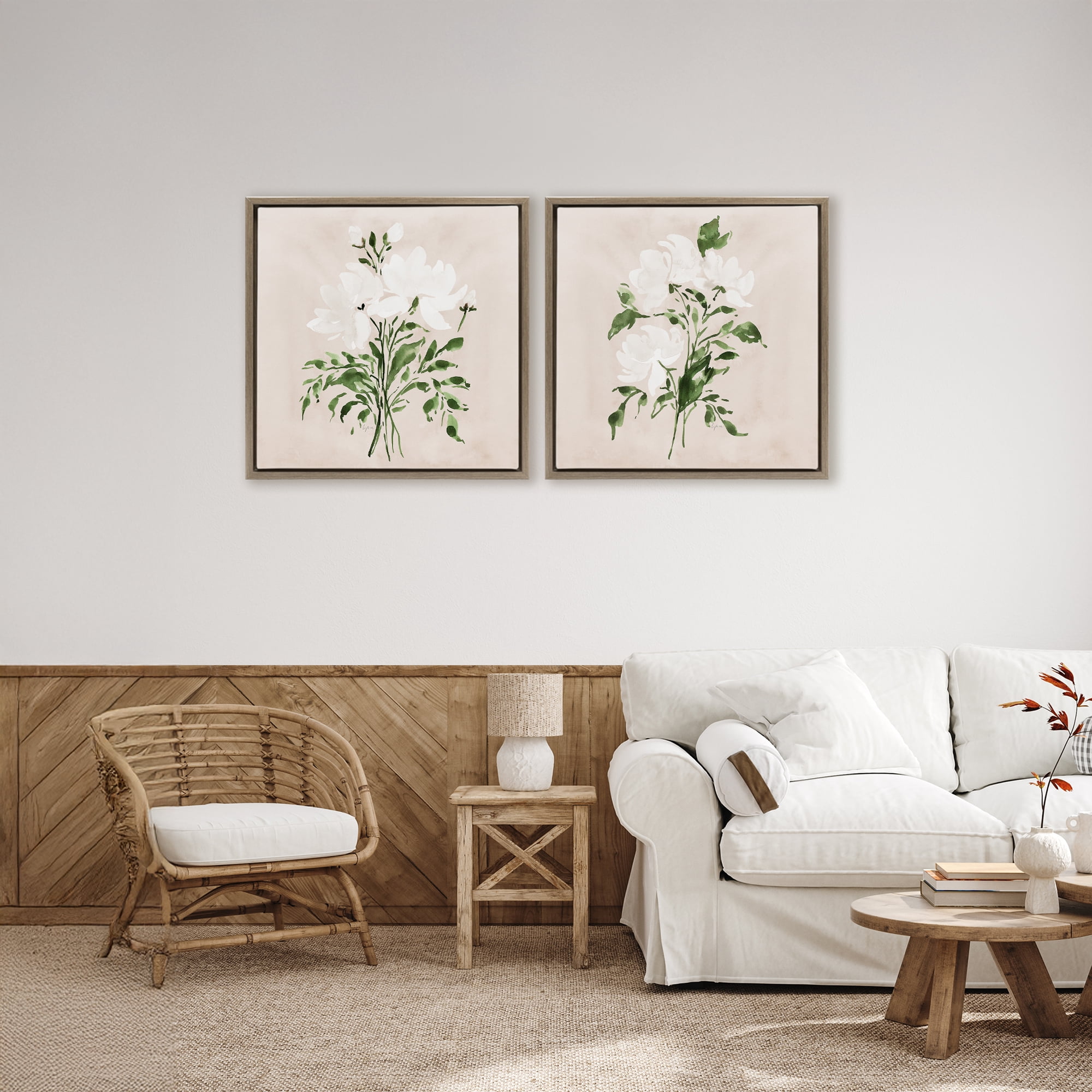 Stupell Industries White On Tan Botanicals 2 Piece Brown Framed Floater Canvas Set, design by Lucille Price