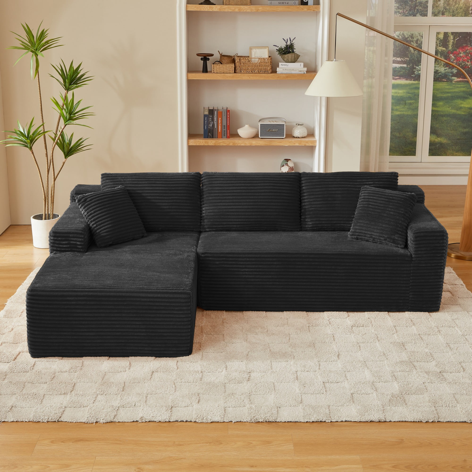 Aukfa 103" Modular Cloud Sectional Sofa, L-Shaped Boneless Couch with Left-Facing Chaise, Deep Seat Corduroy Sleeper Sofa for Living Room, Black