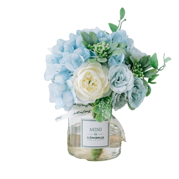 Bewildely 2 piezas de flores artificiales elegantes para decoración del hogar, bajo mantenimiento, fácil de limpiar, apariencia realista Decoración florero+azul+blanco