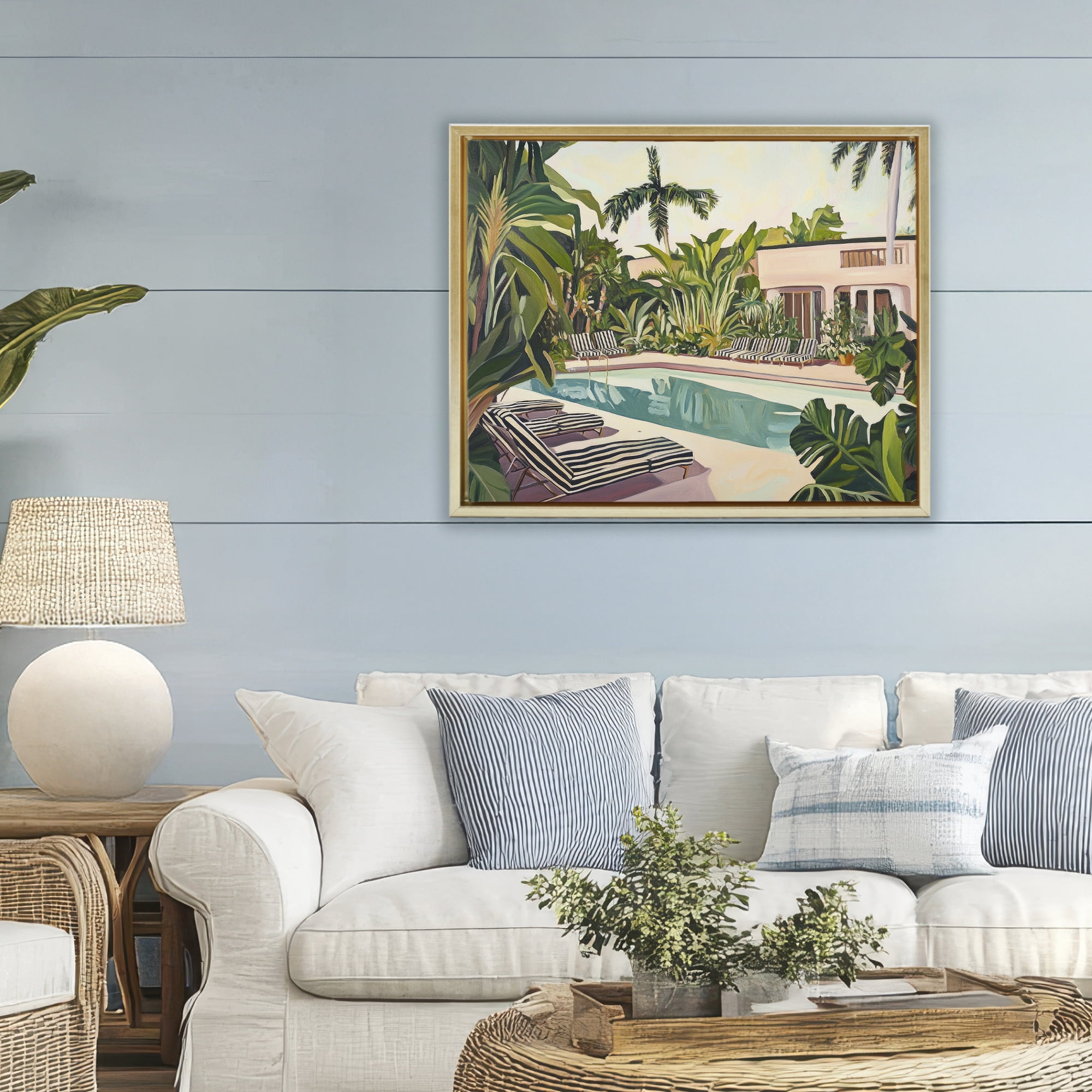 Stupell Industries Poolside Resort Lounge Chairs Gold Framed Floater Canvas Wall Art, design by Sisi and Seb
