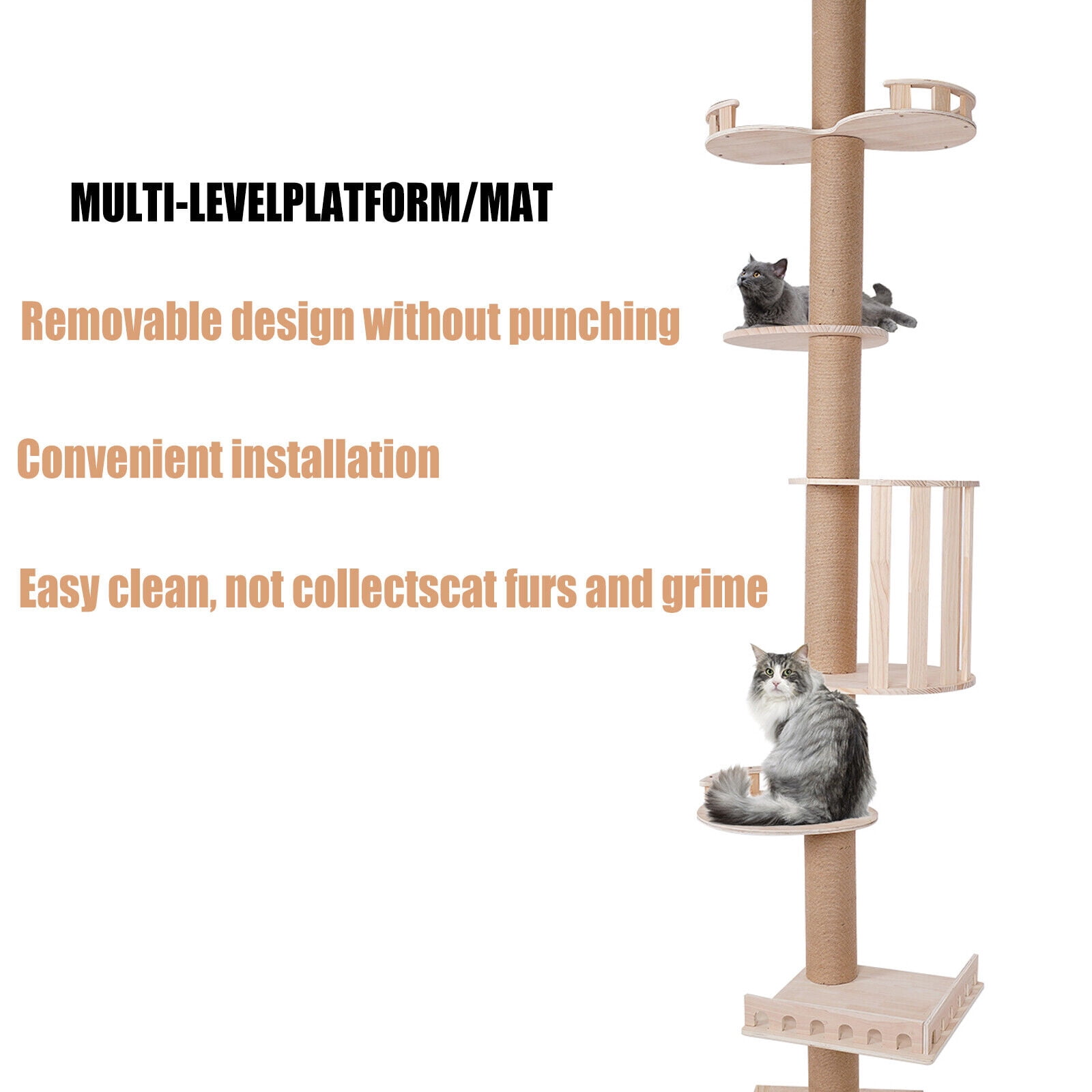 5 Tiers Wood Cat Tower Floor to Ceiling Cat Tree Tall Cat Scratching Post About 15-20kg/30.07-44.09lbs 100.4-104.3inch