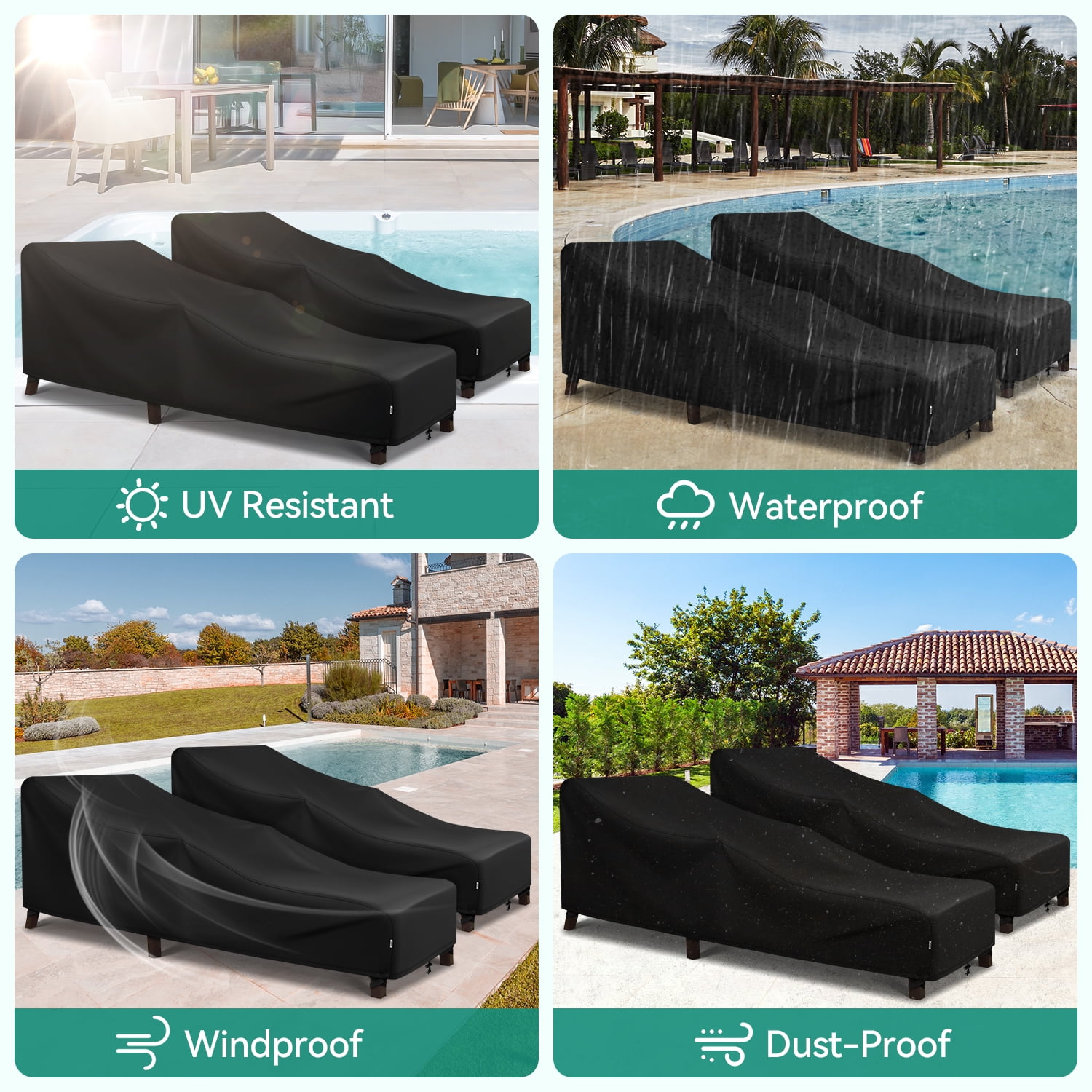 Adiqo Outdoor Chaise Lounge Covers Waterproof, Patio Lounge Chair Covers for Sun Lounger Pool Sunbathing 2 Pack, 80"W x 30"D x 26"H, Black