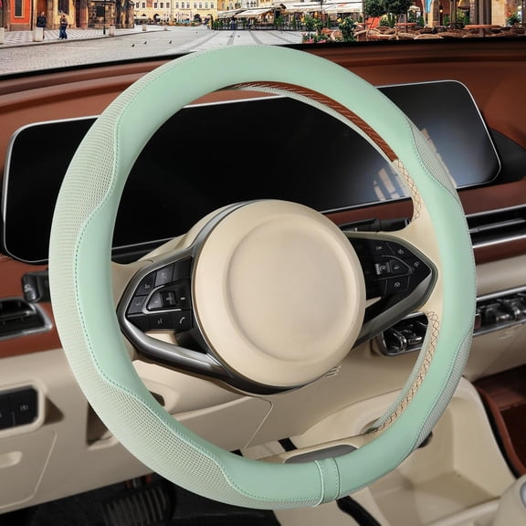 Nappa Leather Green Steering Wheel Cover, Advanced Microfiber Leather Non-Slip Breathable Fabric, Warm in Winter and Cool in Summer, Universal 15 inch