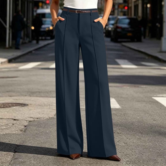 Atogsazn Womens Wide Leg Suit Pants Dressy Casual Loose Fit Bussiness Pants with Pocket Work Trouser Navy S Fashion