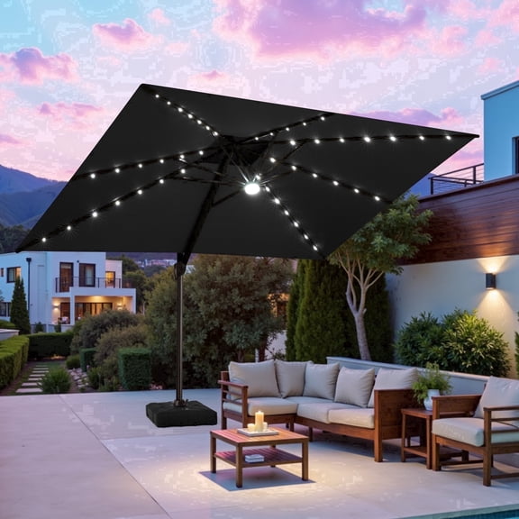 Crestlive Products 9x11ft Rectangular Solar LED Cantilever Umbrella with Base, Windproof Double Top, 350lbs, 360-degree Rotating, Black